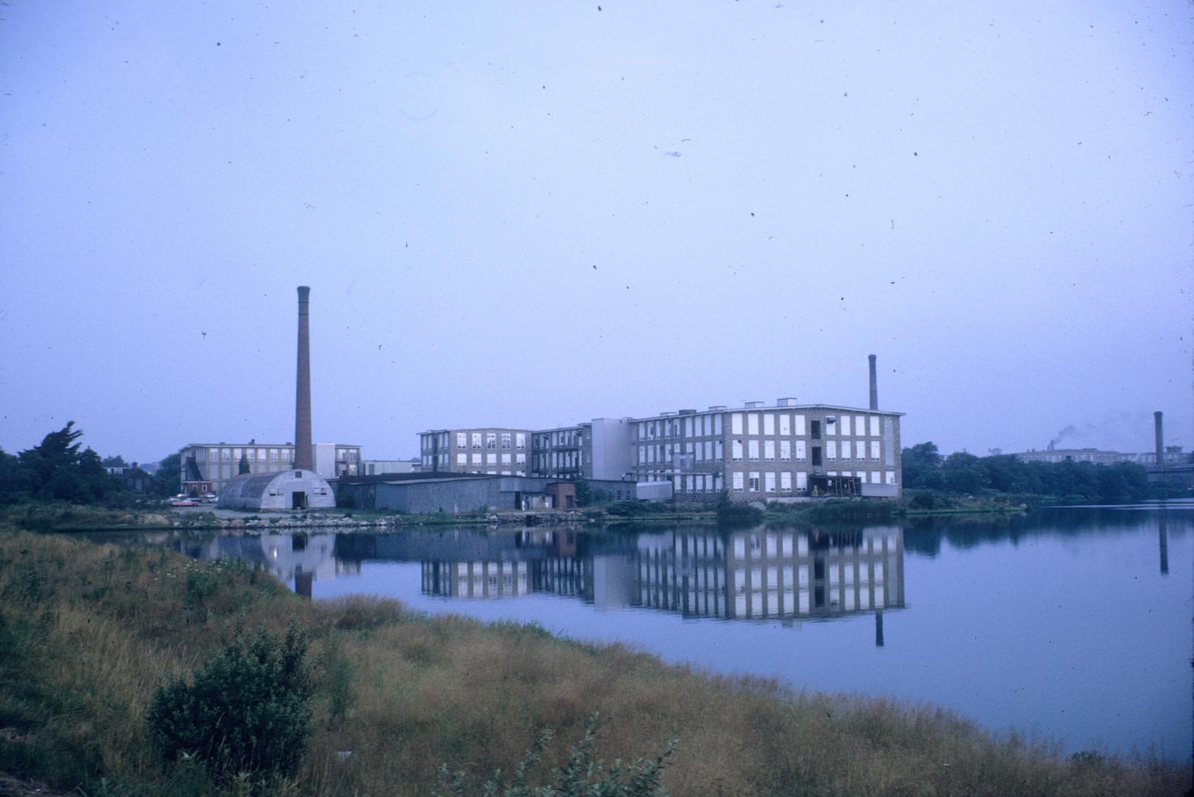 View of the Hargraves No. 1 Mill, or Parker Mills, from across the Quequechan…