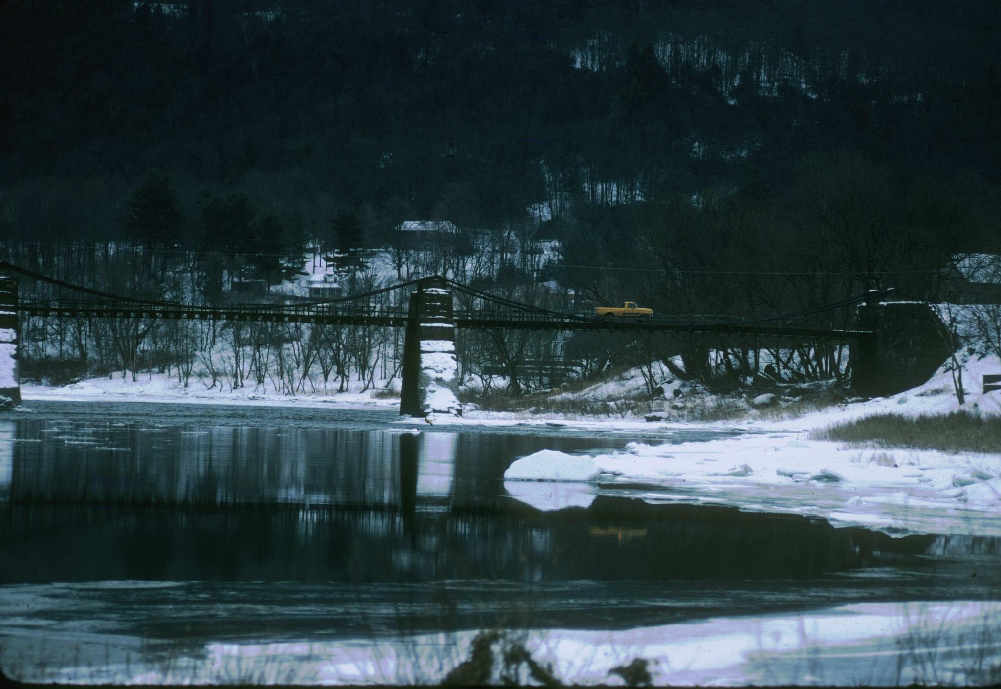 Photograph of the Delaware Aqueduct, also known as the Roebling Bridge. A truck…