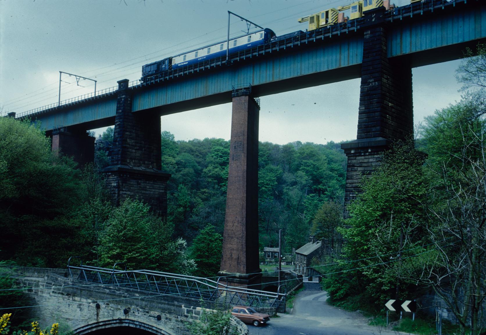 View upward from below with work train on line