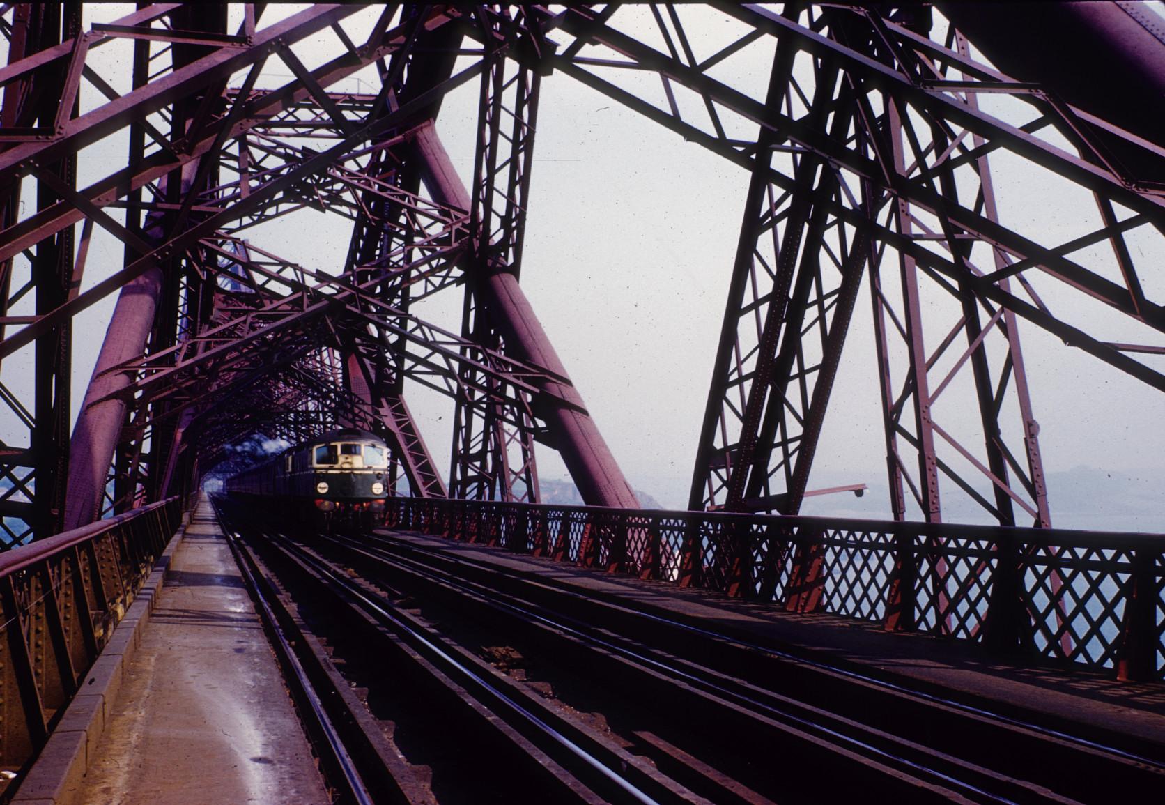 View of train approaching on Forth Bridge