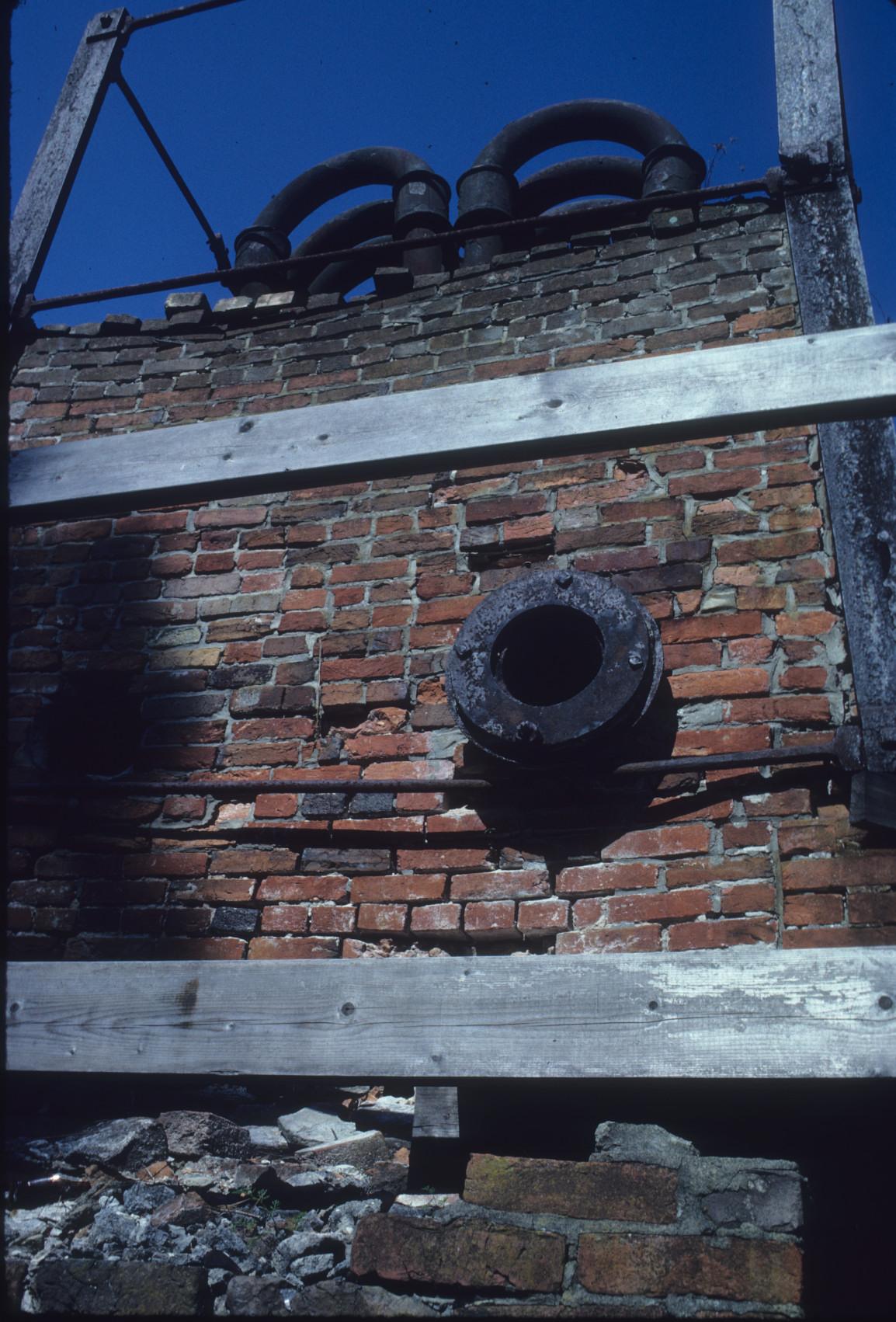 Stove on top of furnace to pre-heat blast air.  Side view showing blast air…