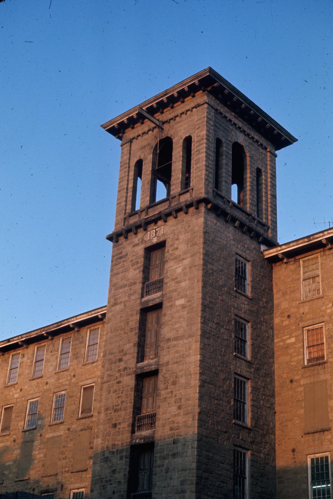 View of the bell tower of Granite Mill No. 2.  x