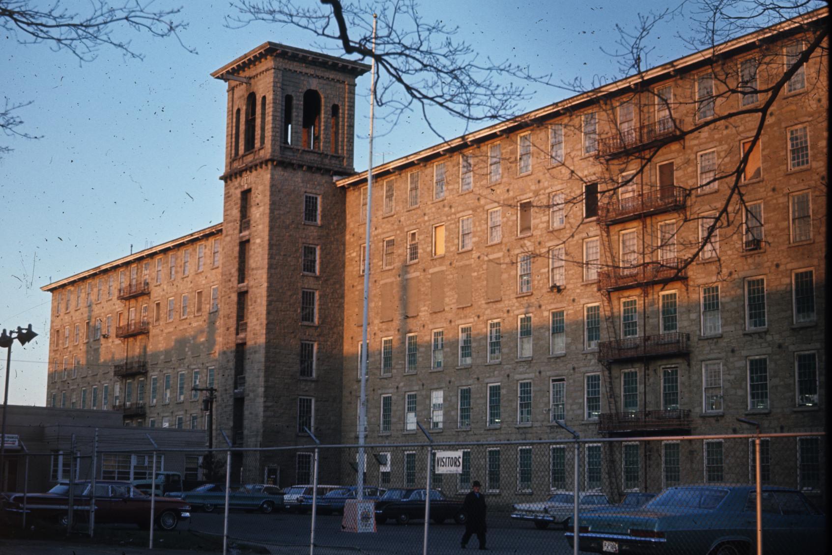 View of the front of Granite Mill No. 2 with bell tower.  