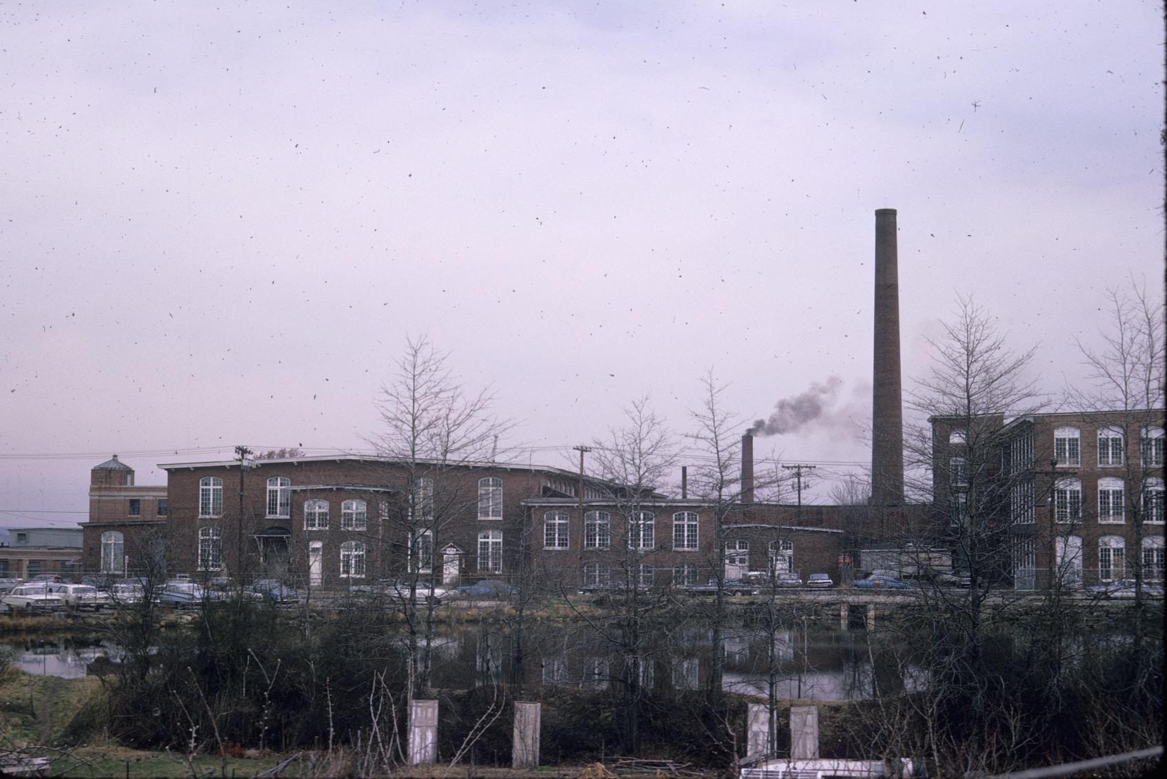 View of Globe Mill No. 3 and the Sanford Spinning Mill.  One stack visible.