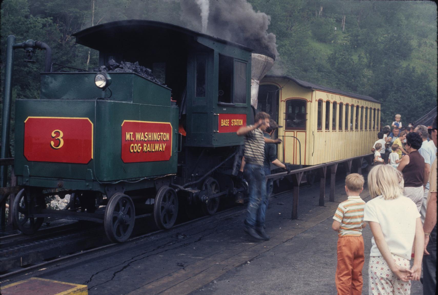 Steam engine #3 and passenger car at Base station