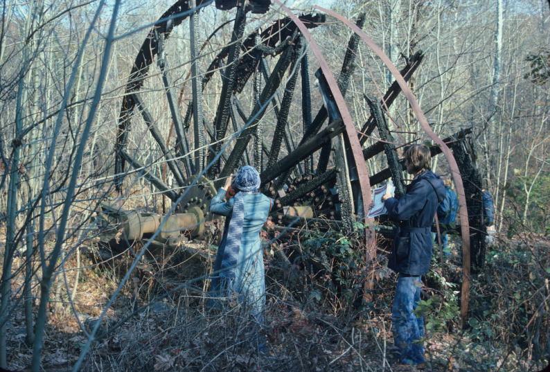 Side frames and shaft, remnant of water wheel to power charcoal furnace blowing…