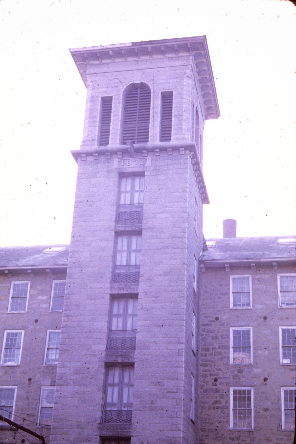 View of bell tower of Durfee Mill No. 2. 