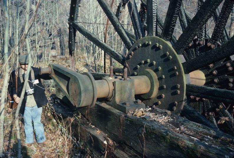 Side frames, shaft and bearing, remnant of water wheel to power charcoal…