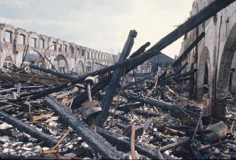 View of ruins of rail mill, destroyed by fire October, 1969