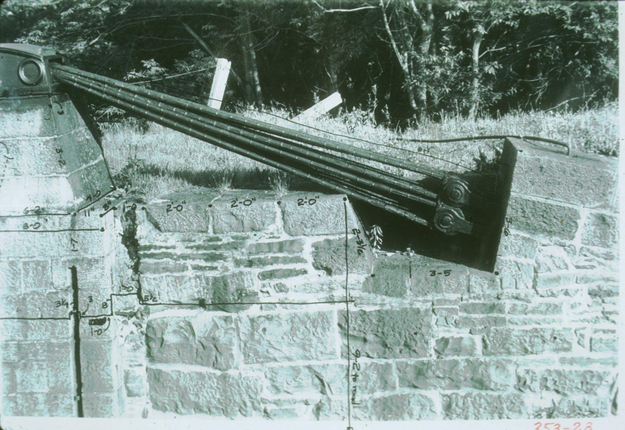 Photograph of cable and anchorage detail of Delaware Aqueduct.  Dimensions are…