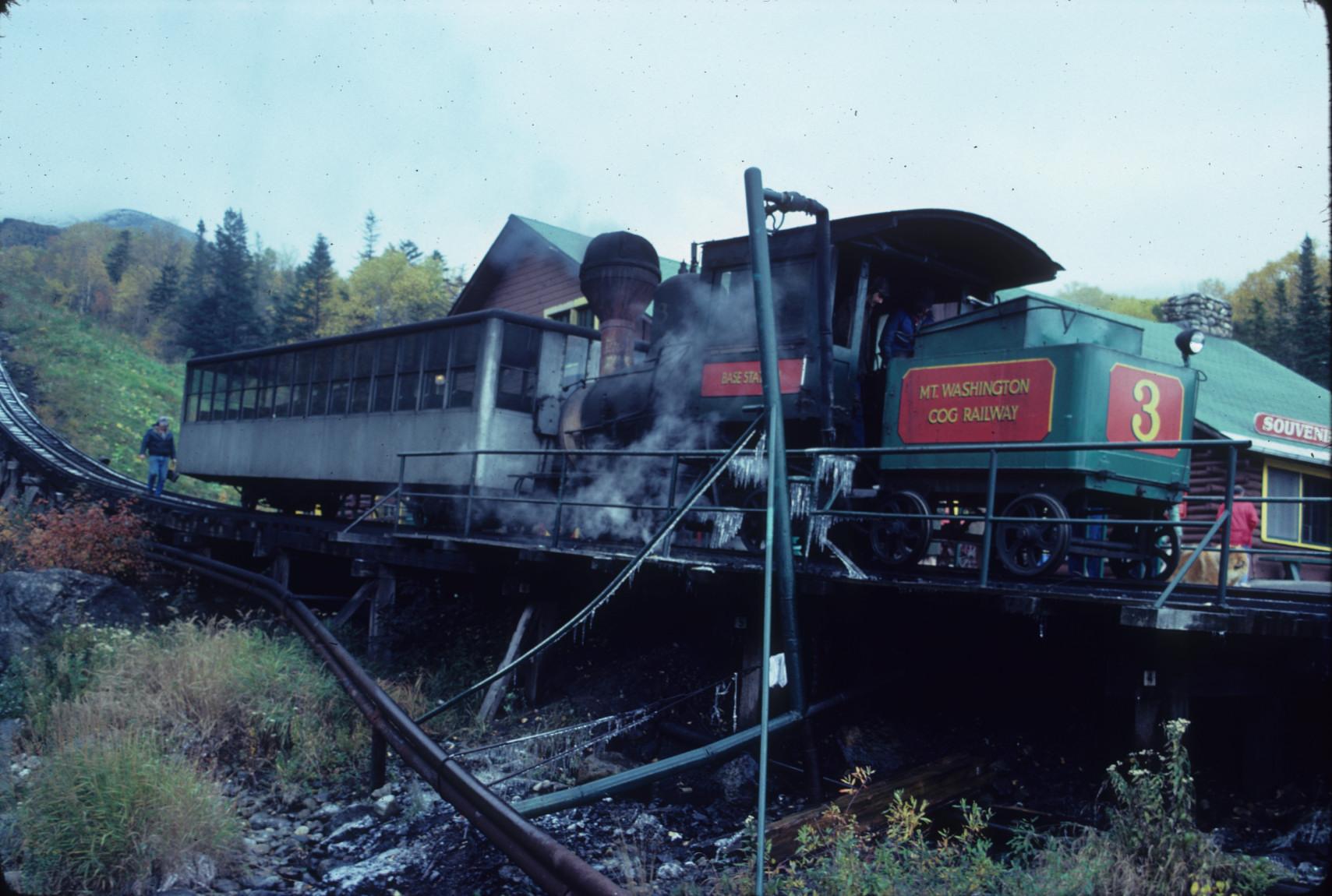 Steam engine number 3 and passenger car at Base station