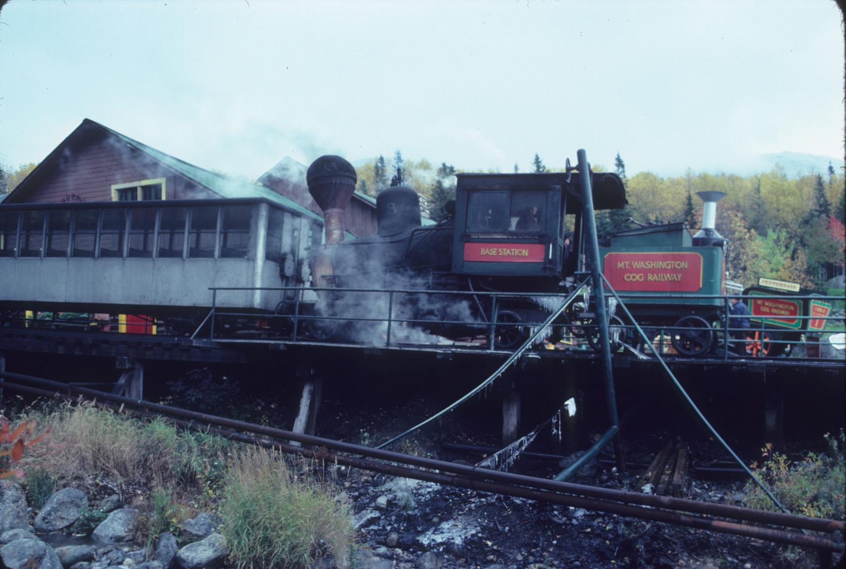 Steam engine number 3 and passenger car at Base station