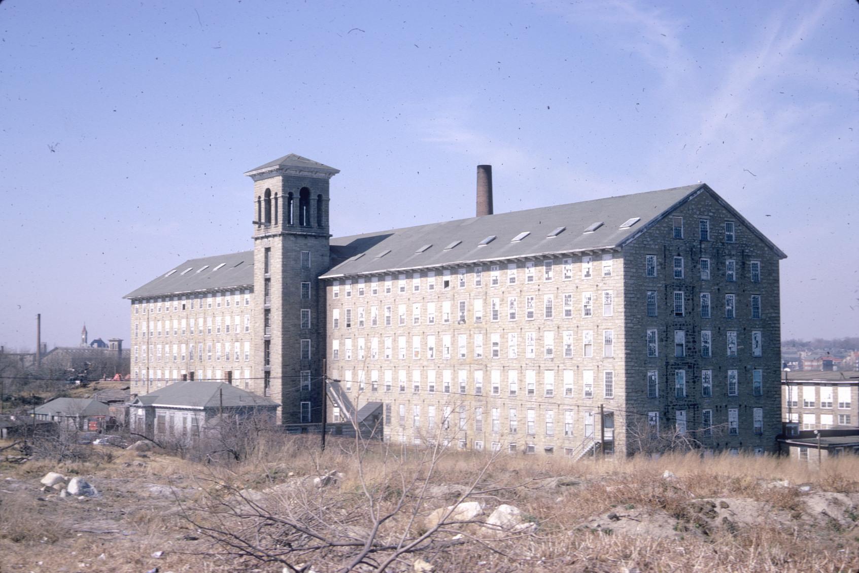 View of the Chase Mill.  Note the stack in the rear and the bell tower.