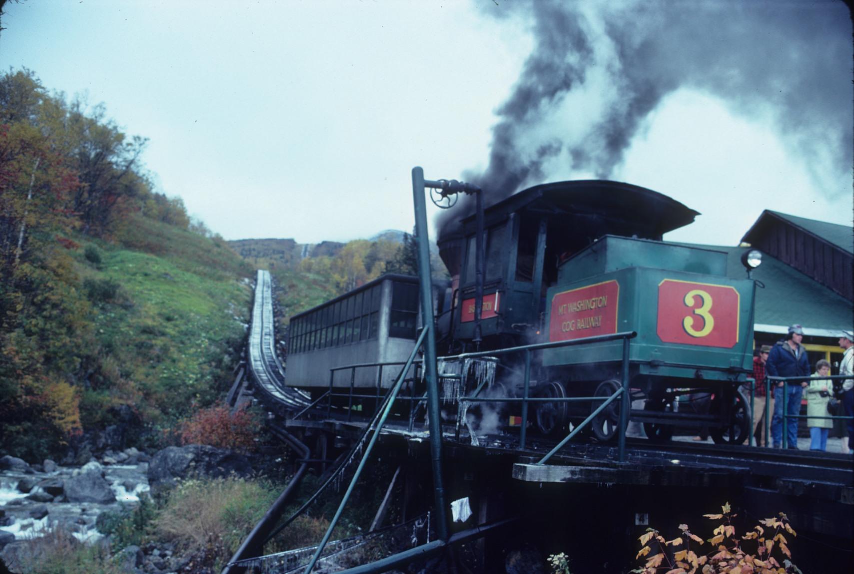 Steam engine number 3 and passenger car at Base station