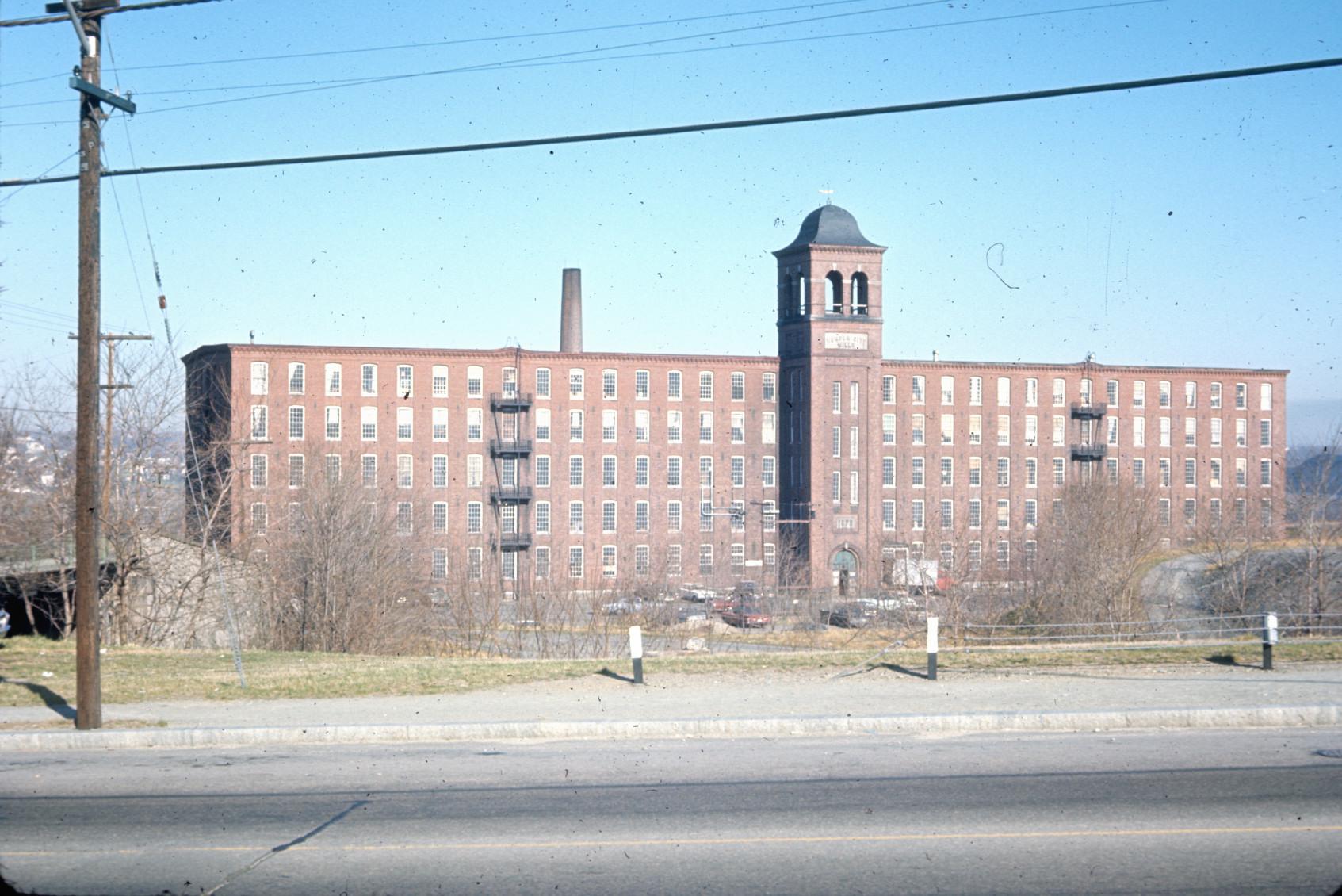 View of Border City Mill No. 2.  Bell tower and stack visible.