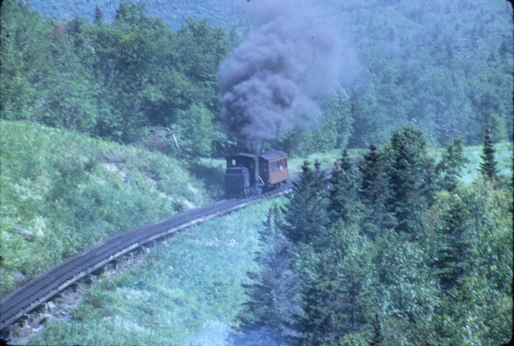 View of engine and car on wooded slope