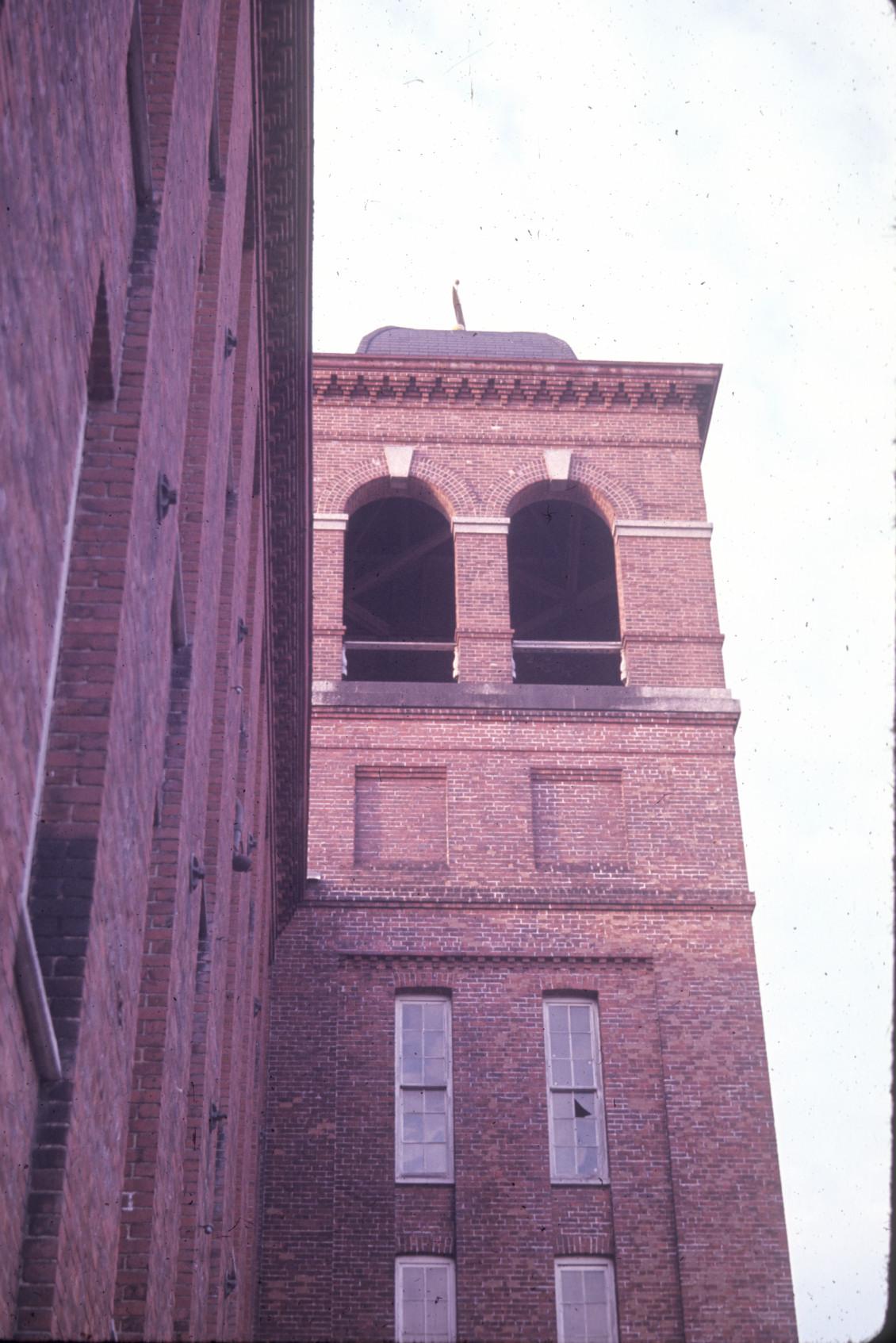 Close up view of the bell tower of Border City Mill No. 2.