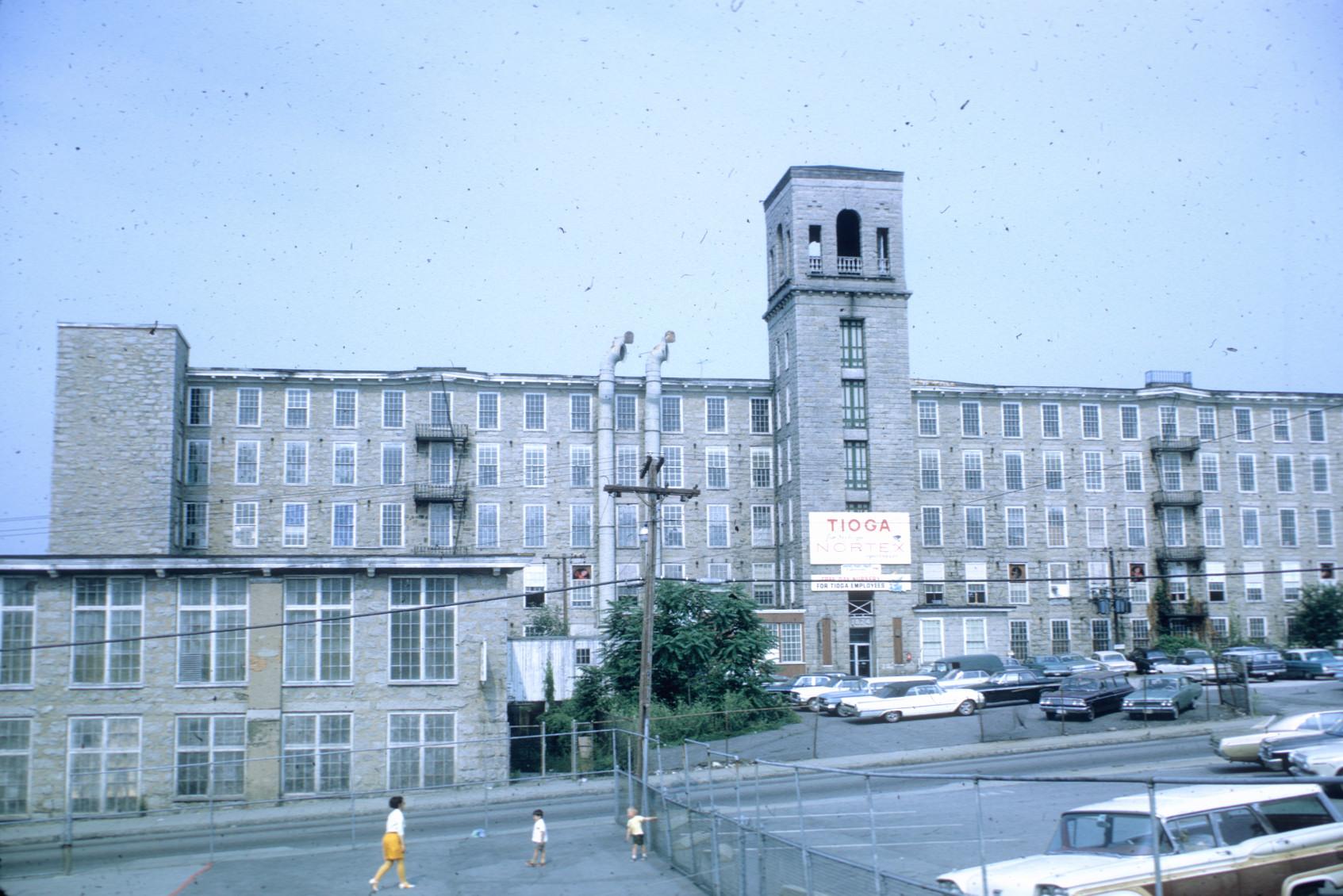 View of Barnard Mill with bell tower visible.  