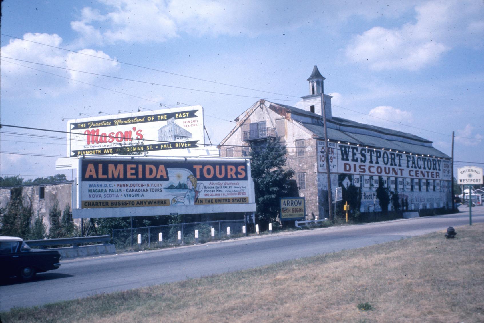 View of a textile mill in Westport, MA.  Bell tower visible.  