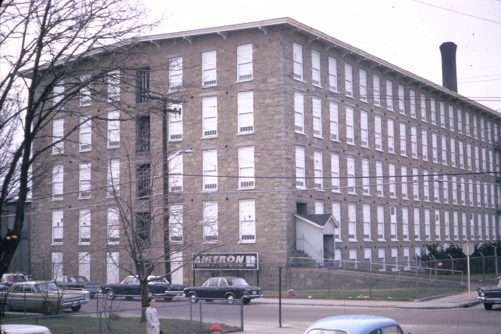 Side view of the King Philip Mill.  Stack visible.