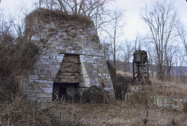 Stone furnace structure with adjacent Weimer Bros. blowing engine