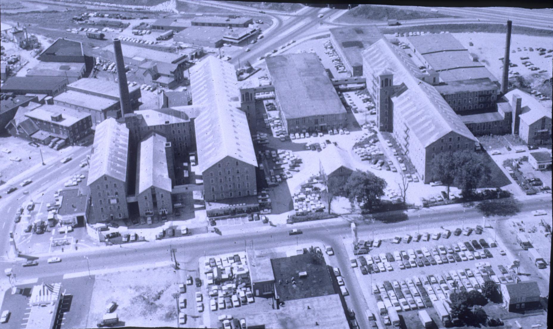 Aerial view of textile mills in Fall River, MA. 