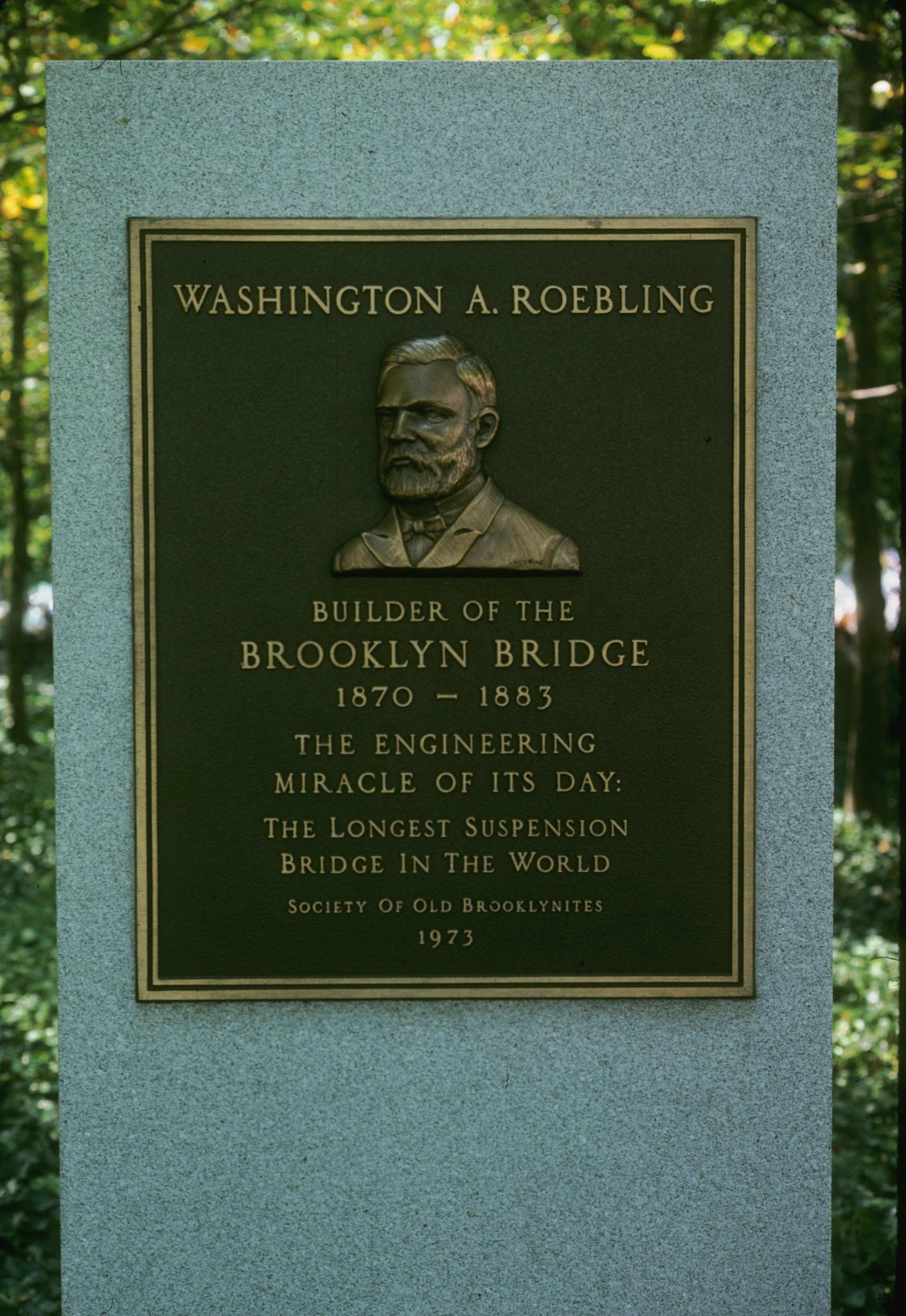 Photograph of the Washington A. Roebling memorial in Brooklyn.