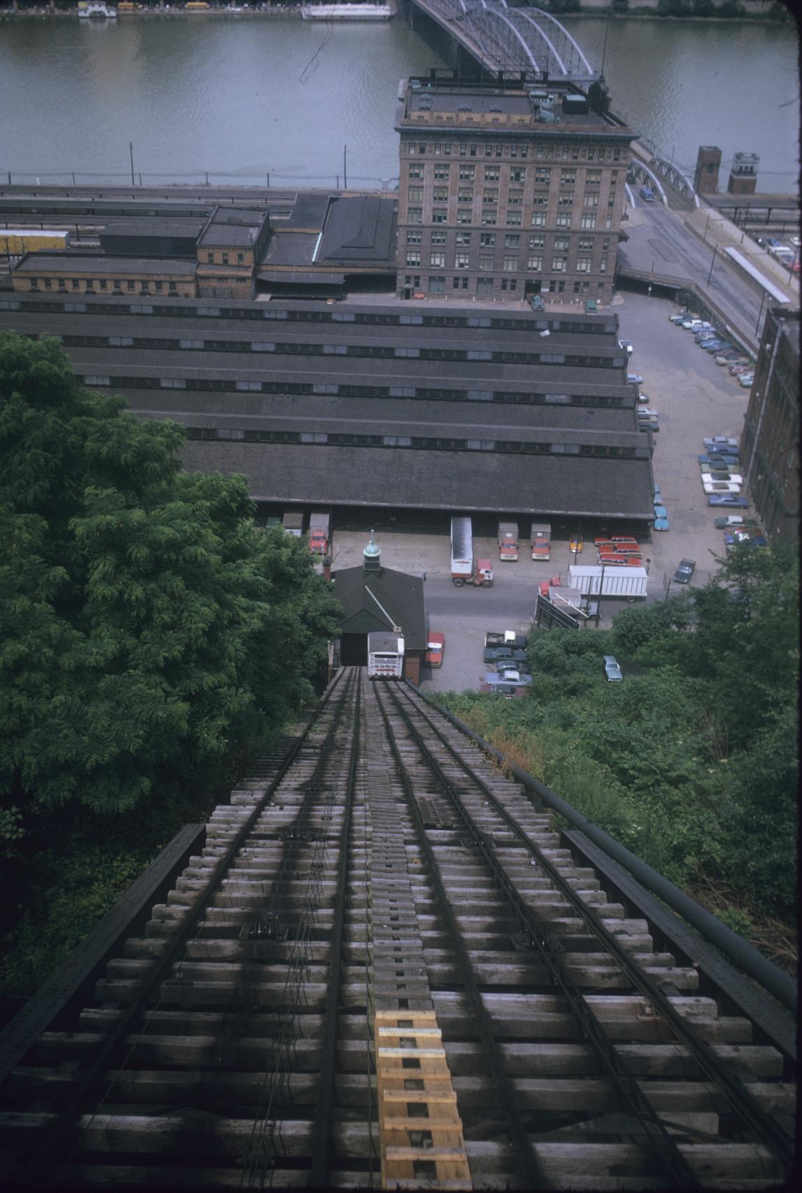 Car near bottom station, viewed from top of incline plane