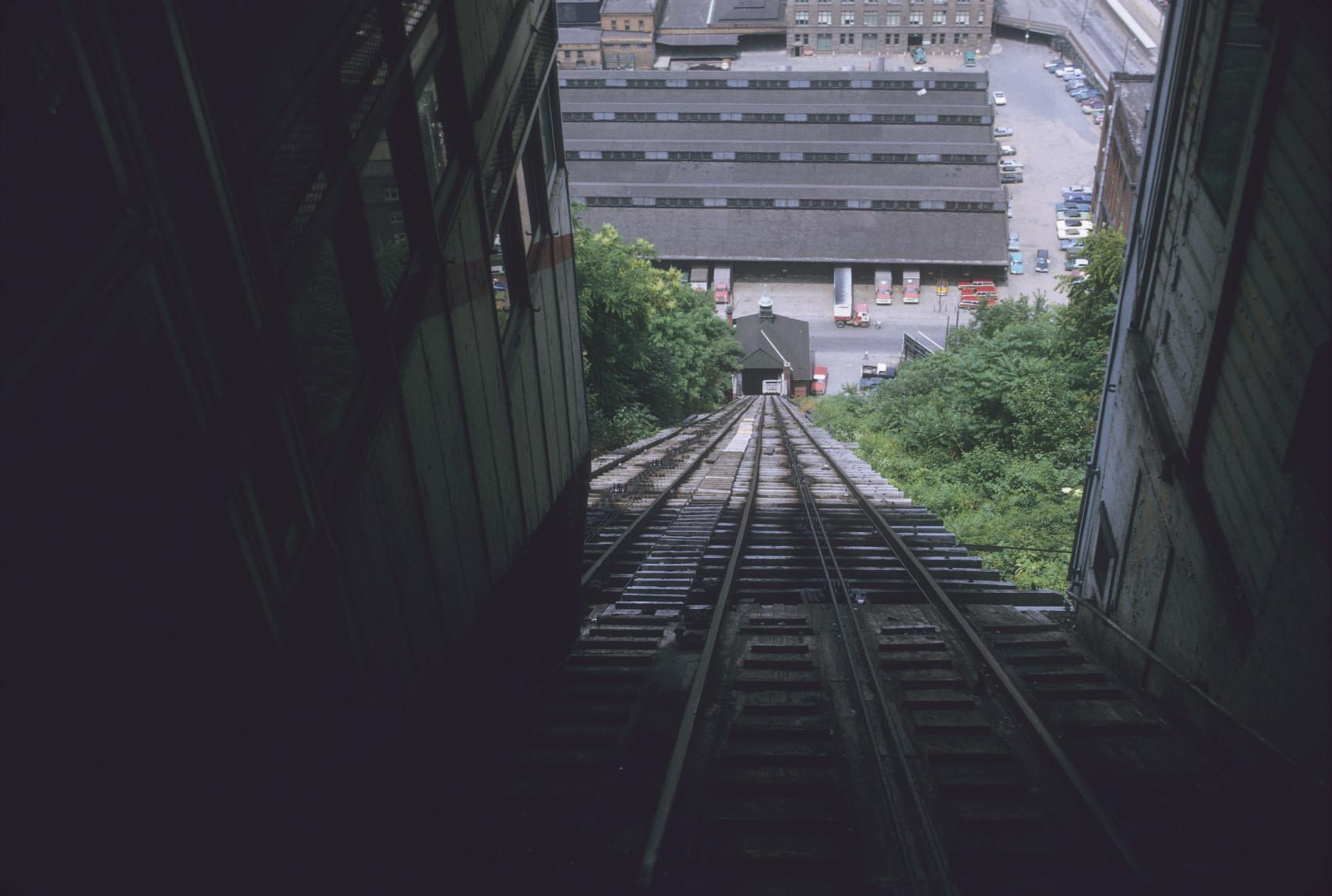 View down incline plane from interior of Top station