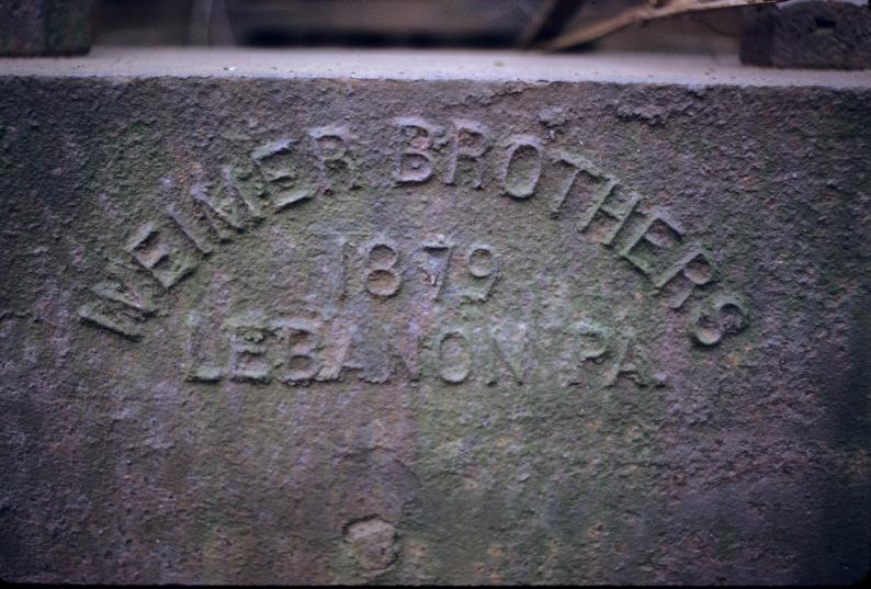 Close-up of blowing engine nameplate; Weimer Brothers - 1879 - Lebanon Pa.