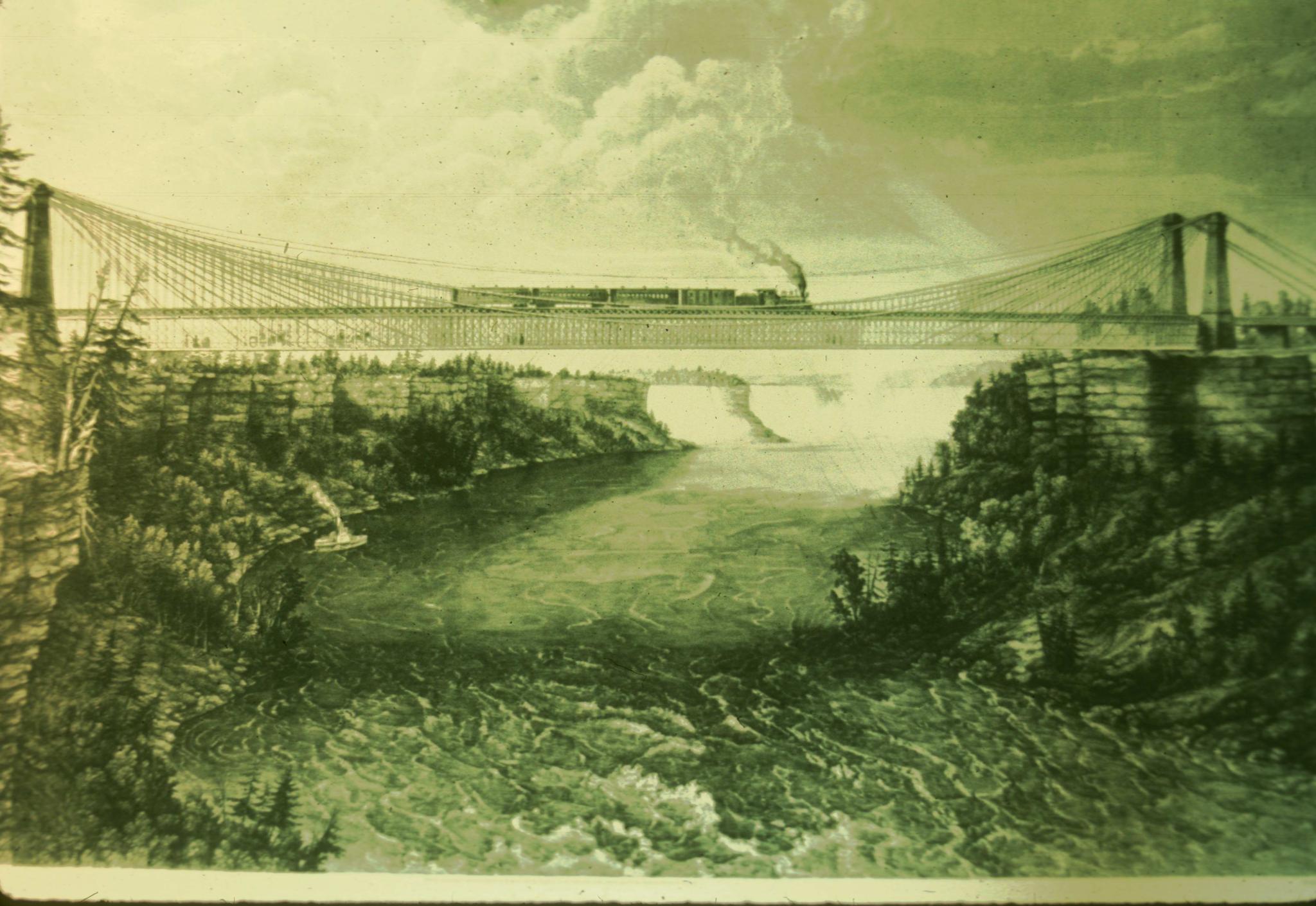 Uncredited historic drawing of the Niagara Railroad bridge.  The bridge was…