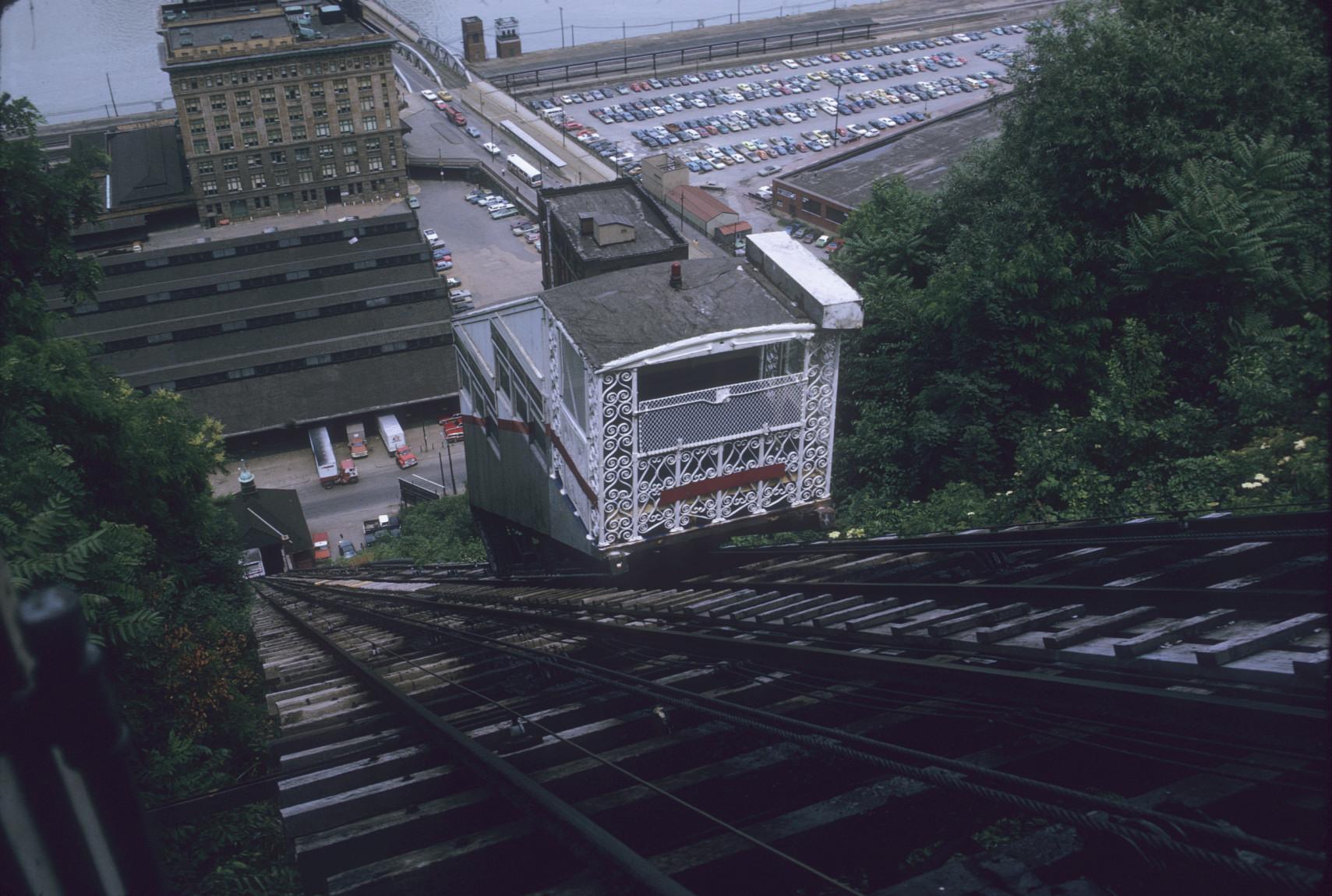 Side view of car on incline with Bottom station in background