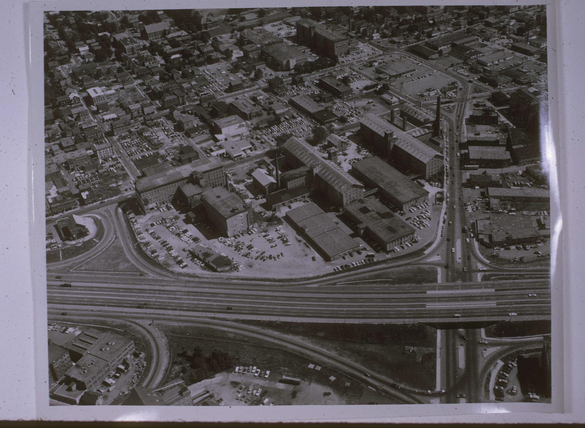 Aerial view of a textile mill in Fall River, MA.  