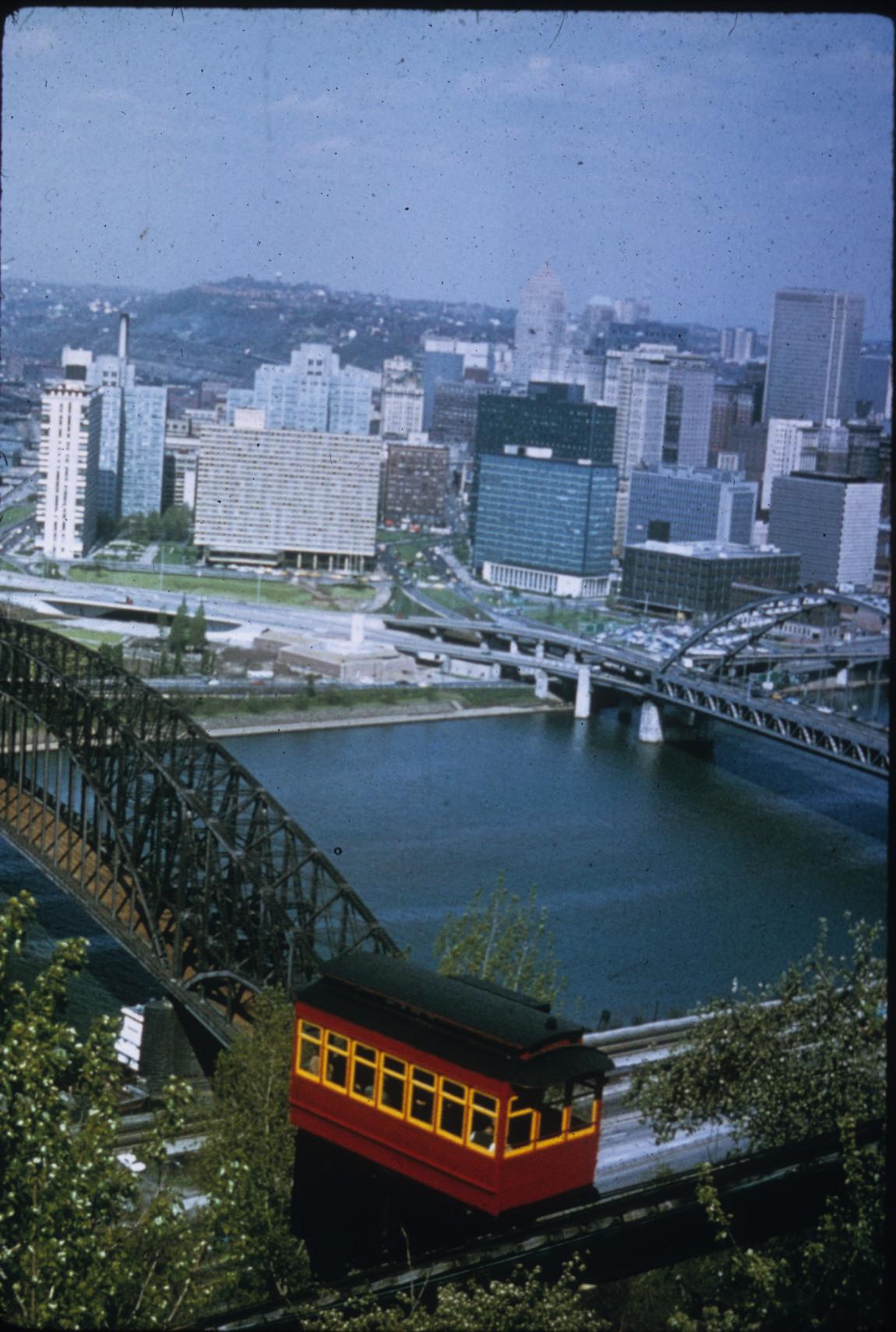 View of downtown Pittsburgh with incline car in foreground