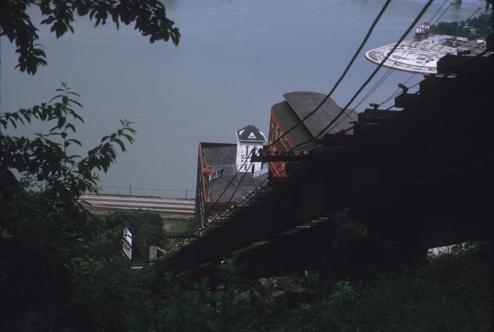 View from below track structure with car; Pittsburgh Point State Park in…