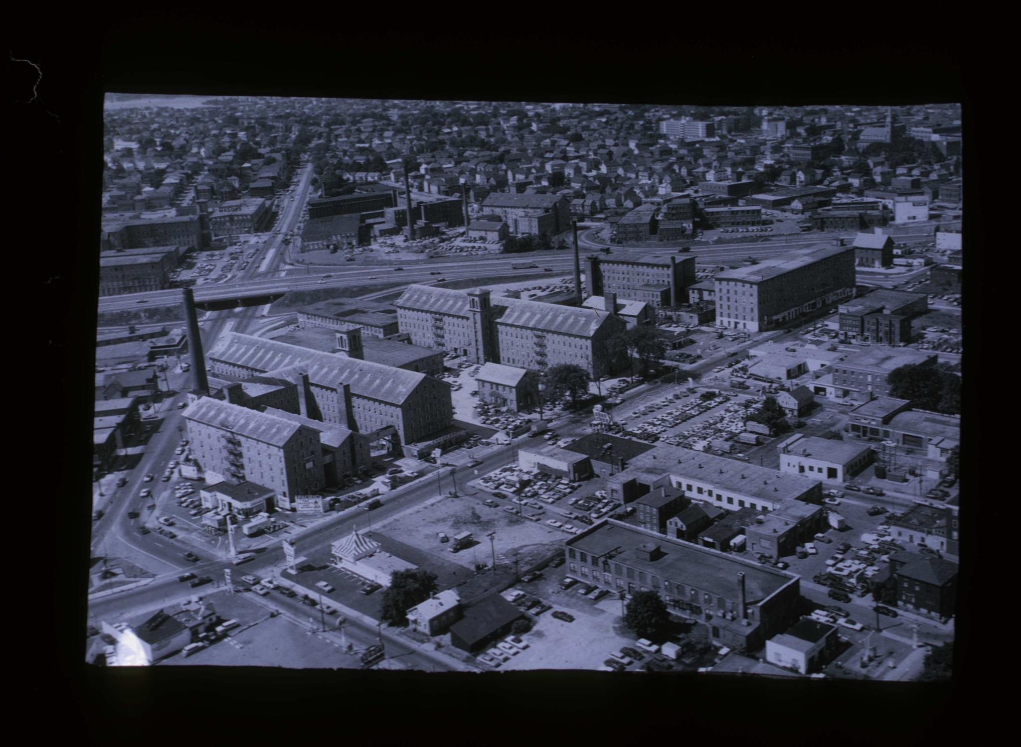 Aerial view of the Durfee Mills complex in Fall River, MA.  Date unknown.  