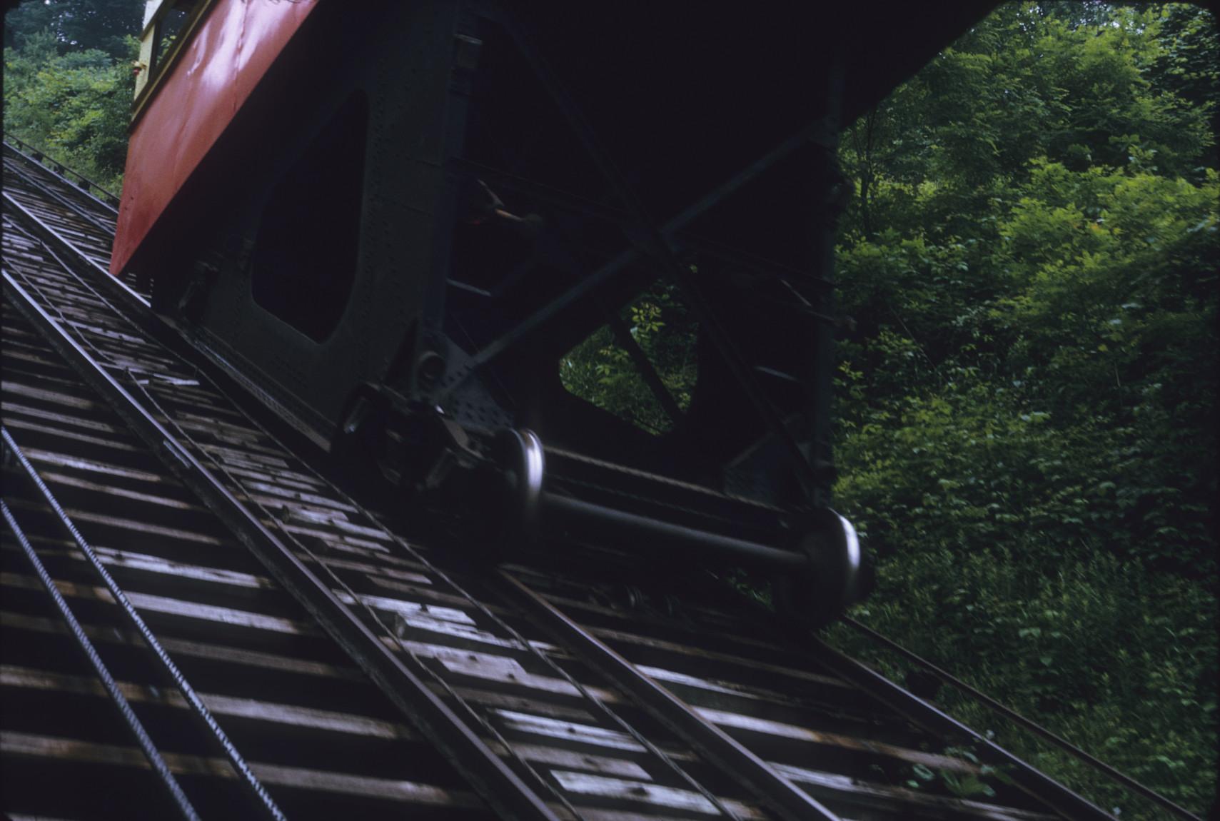 View of angled support system under incline car