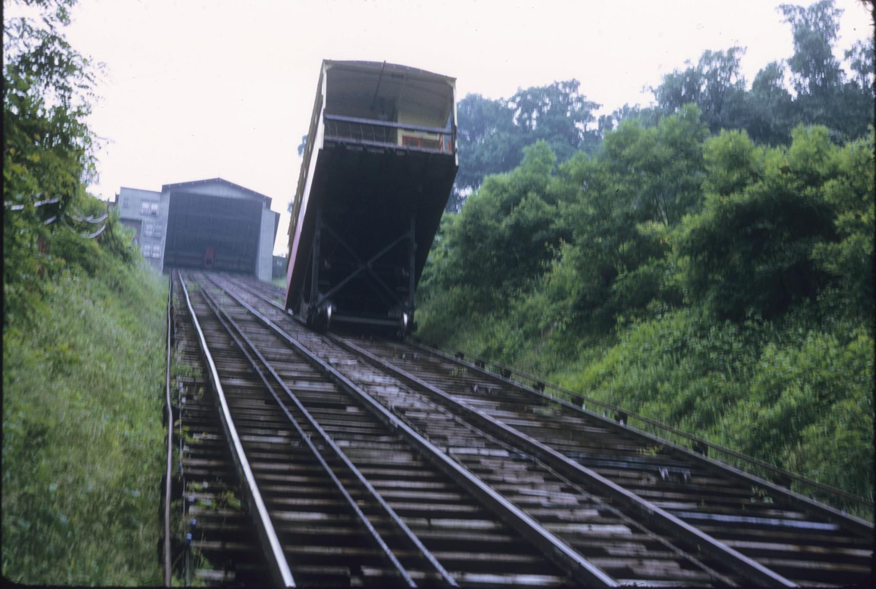 View of descending car, undercarriage and top station