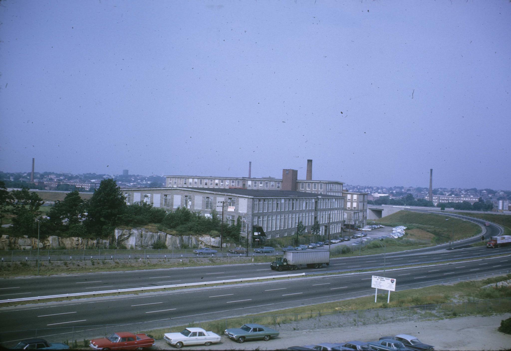 View of the Seaconnet Mill from top of Cornell.  Multiple stacks visible.