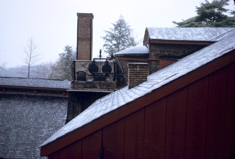 View across rooftops showing arrangement of boilers at furnace