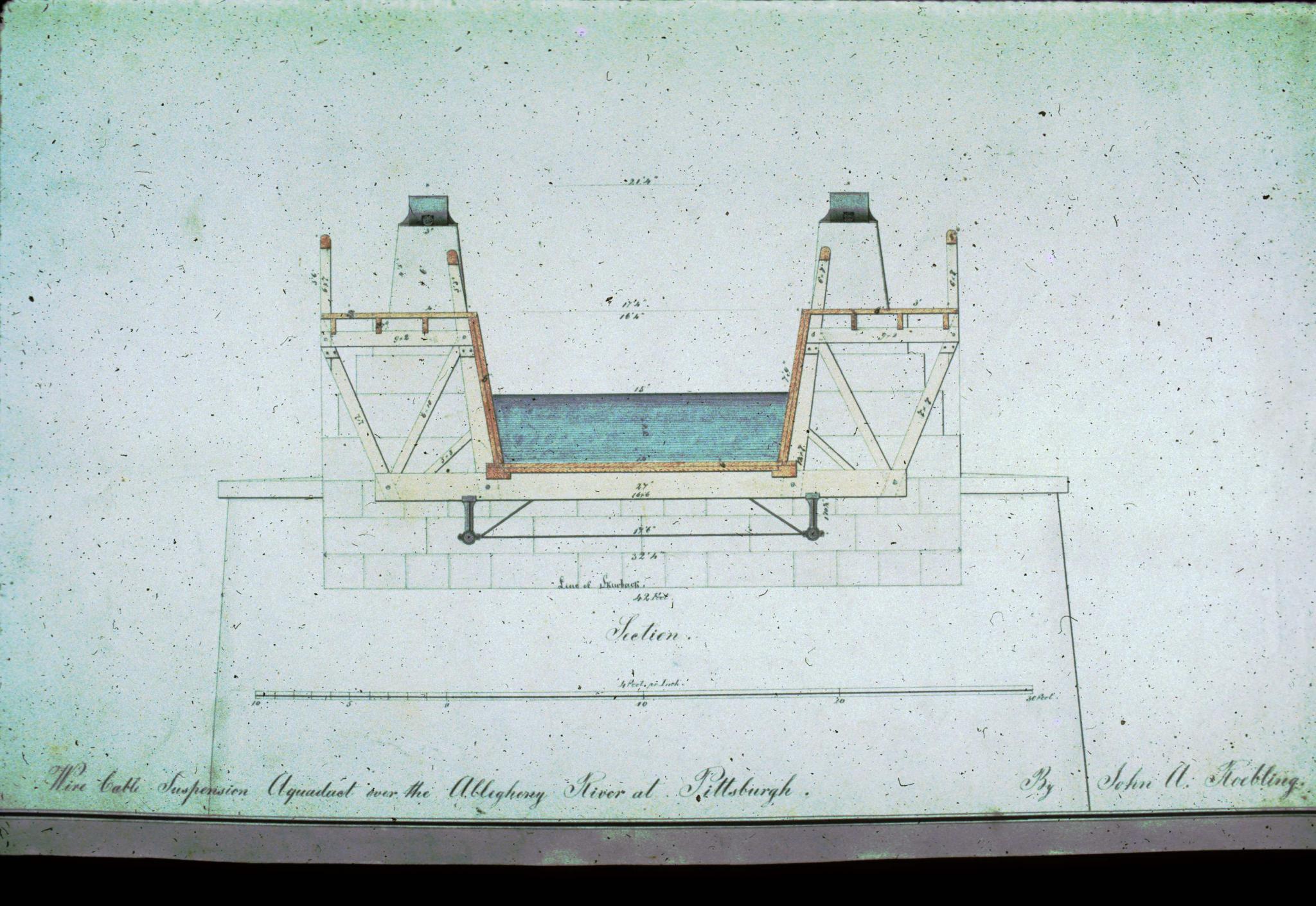 Photograph of historic diagram of the trunk of the Pittsburgh Aqueduct. The…