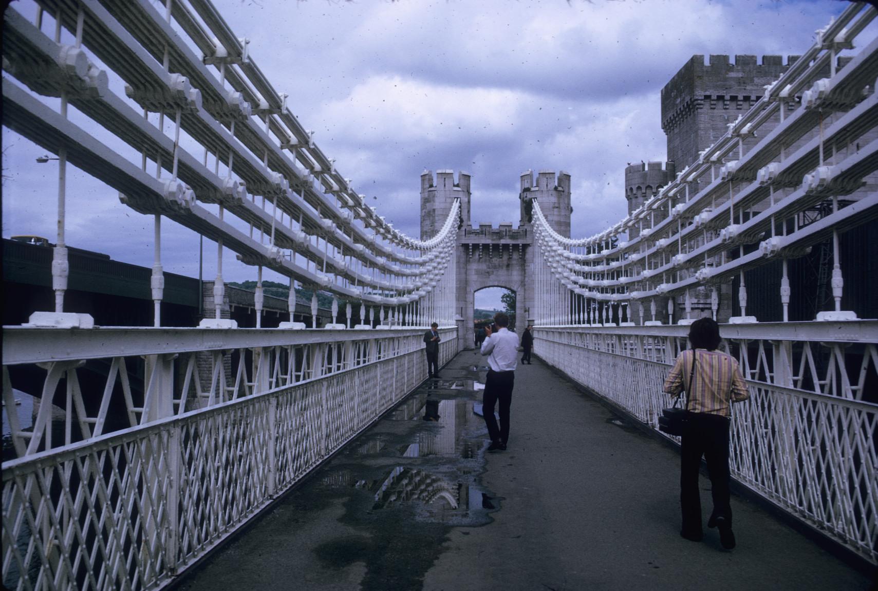 View down center of pedestrian walkway to tower