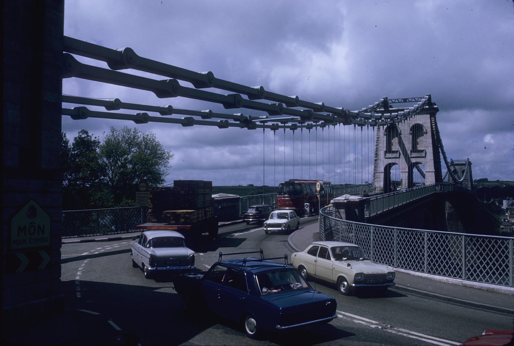 View of roadway approach under chains.