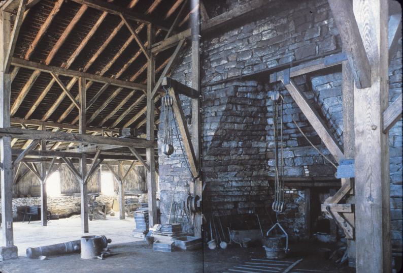 Undated slide, probably c.1970Floor in casting shed with jib cranes, tools,…