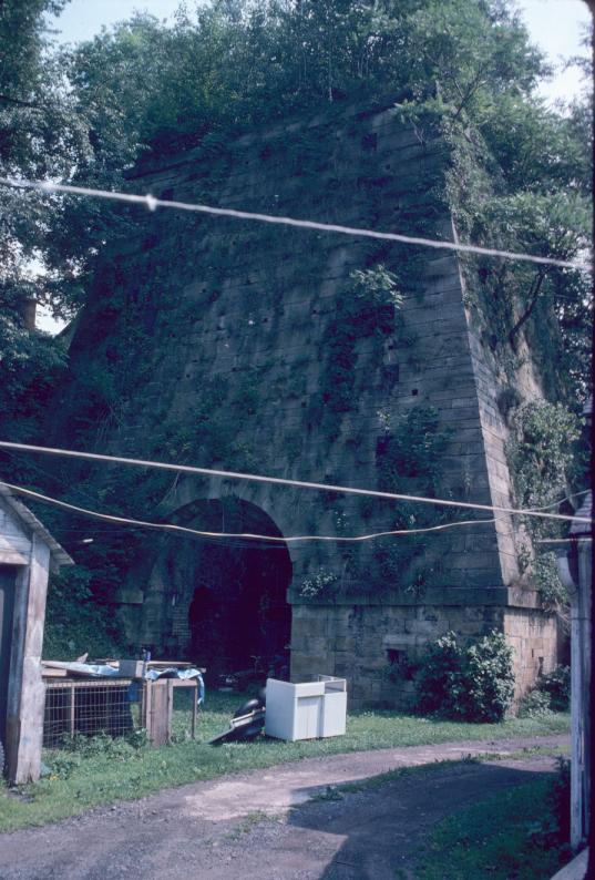 Dry-stack stone furnace, 54 feet high, including stack.  Hot blast furnace,…