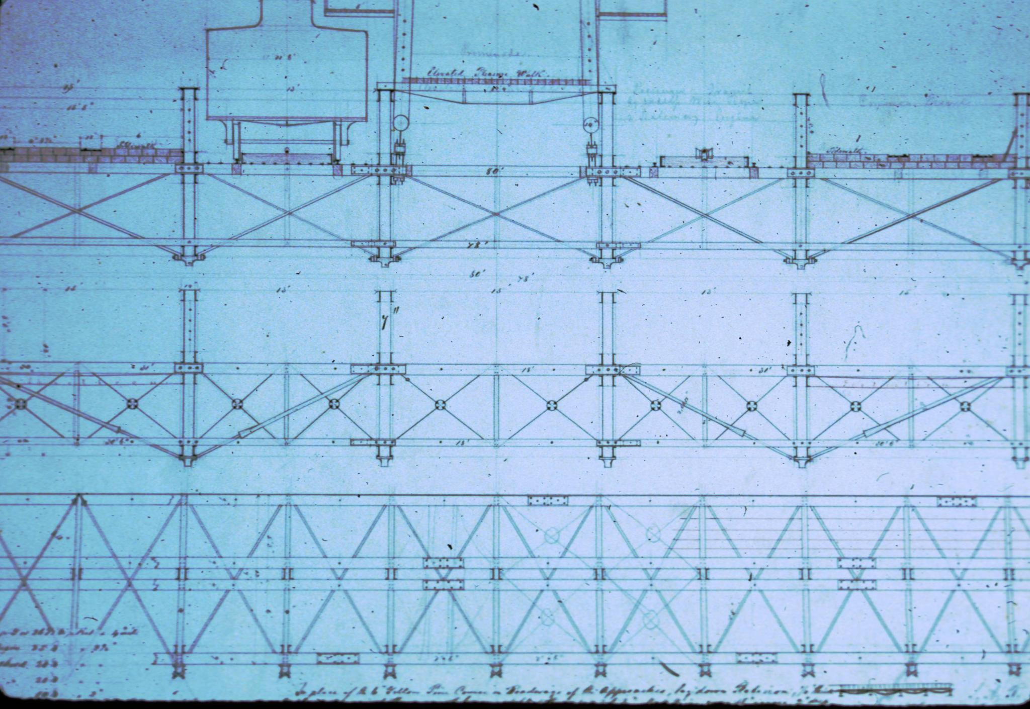 Unlabeled slide of a historic plan cross-section of an unidentified bridge.