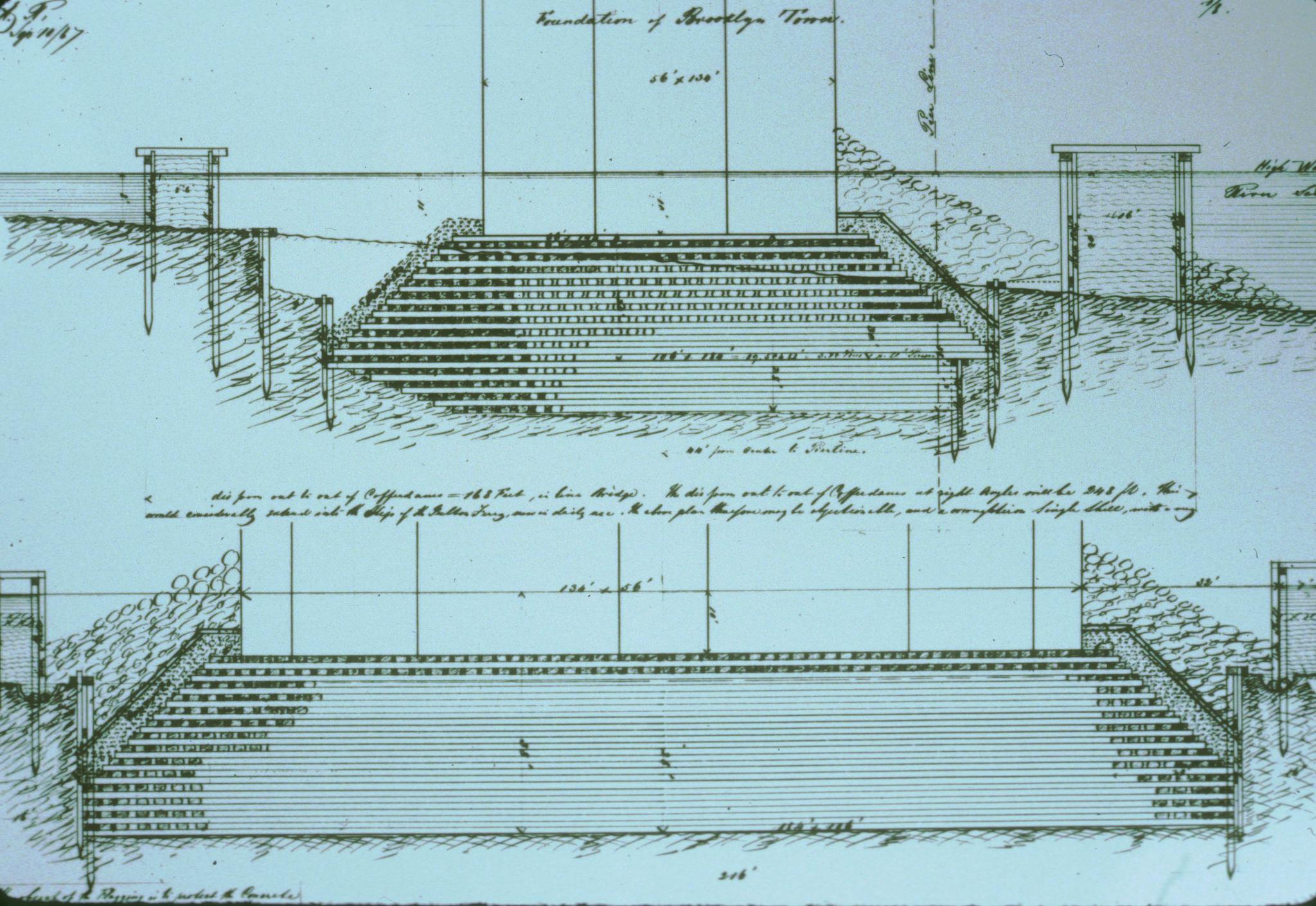 Cross-section drawing for the foundation of the Brooklyn Tower of the Brooklyn…