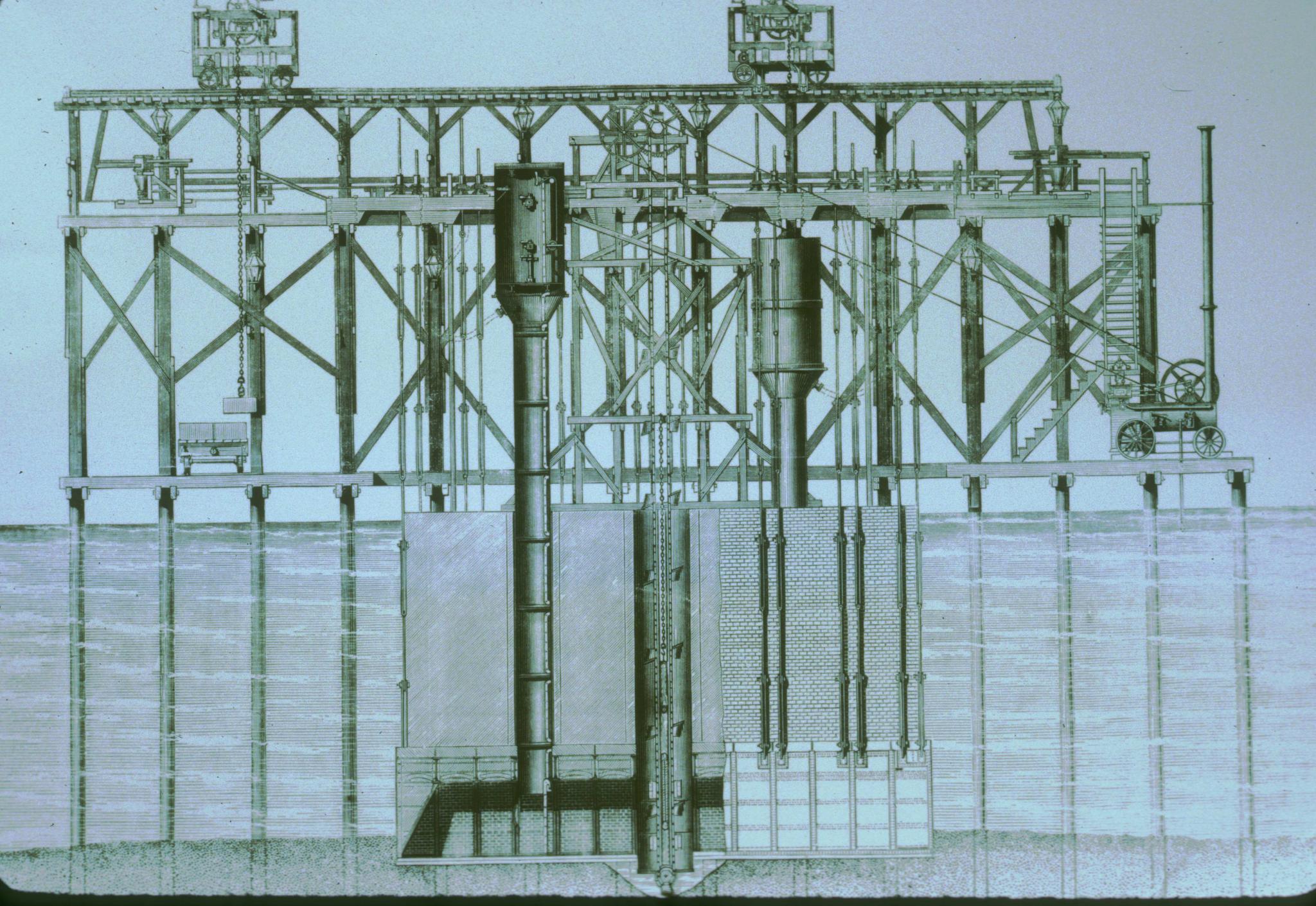 Unlabeled slide of a historic cross-sectional drawing of a caisson and pilings…