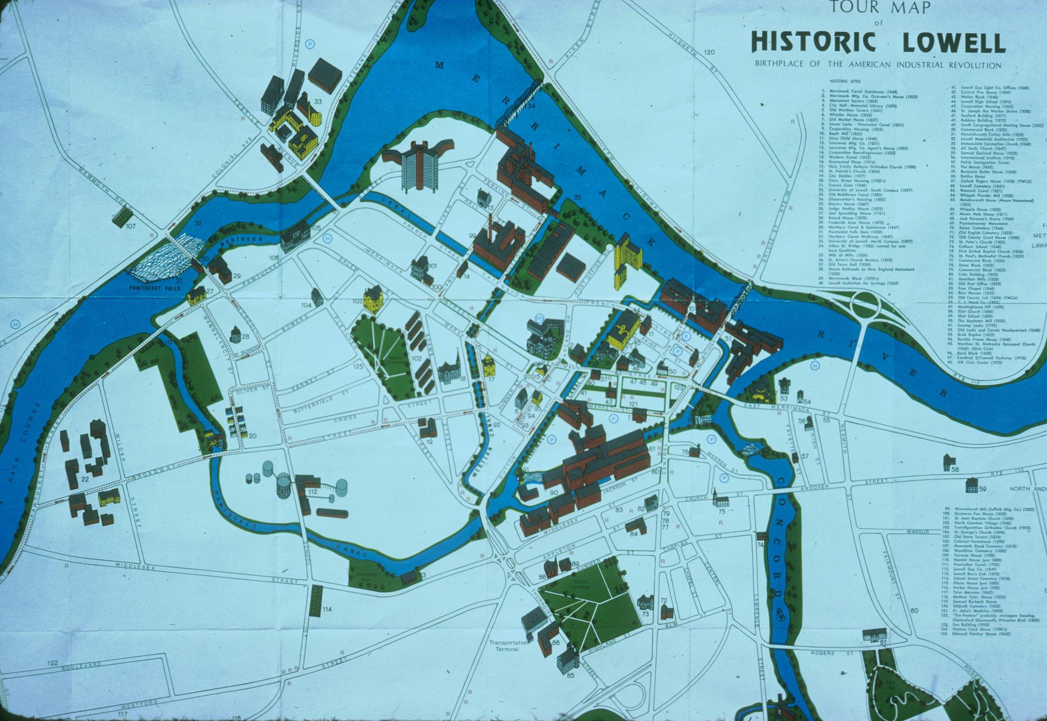 Photograph of a map of tour map of Lowell.