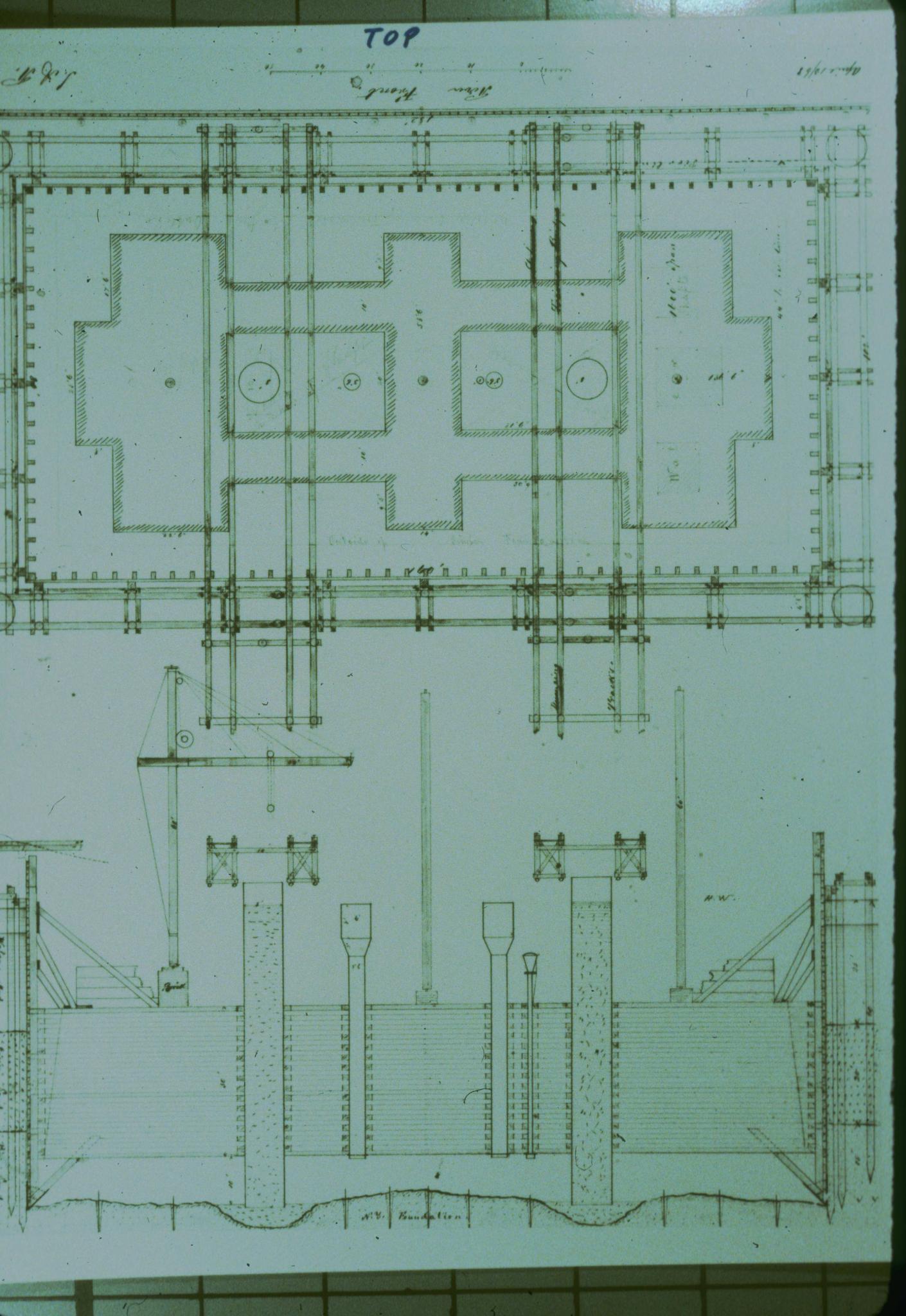 Historic drawing of caisson for the foundation of the New York pier.